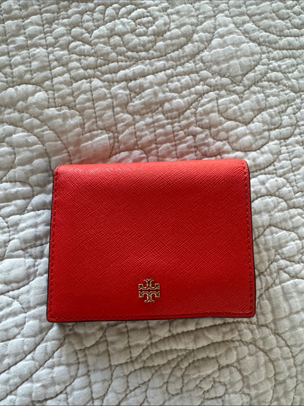 Tory Burch Coral-Red Saffiano Leather Bifold Wallet with Gold Logo